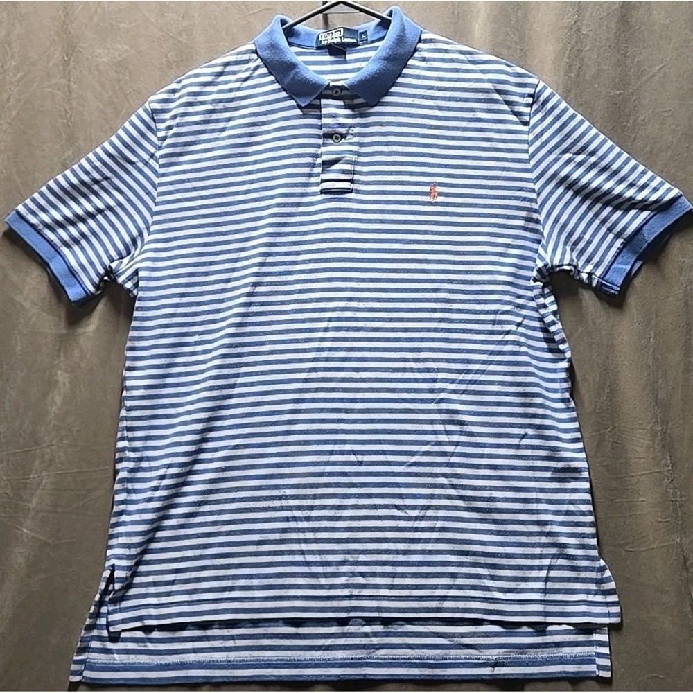 Polo Ralph Lauren Shirt Mens Size Large Blue Striped Short Sleeve Orange Pony